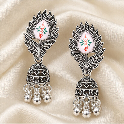 Meher Silver-Toned Peacock Feather Jhumka Earrings