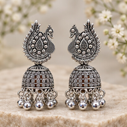 Oxidised Silver Peacock Jhumka Earrings with Ghungroo Beads
