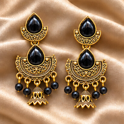 Royal Teardrop Jhumka Chandbali Earrings (Black)