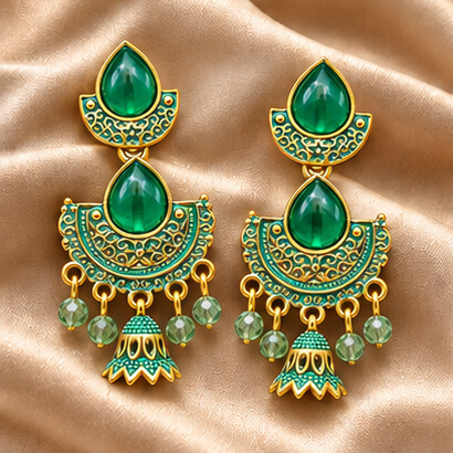 Royal Teardrop Jhumka Chandbali Earrings (Emerald Green)