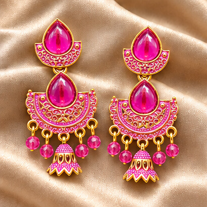 Royal Teardrop Jhumka Chandbali Earrings (Fuchsia Pink)