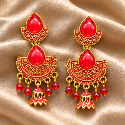 Royal Teardrop Jhumka Chandbali Earrings (Red)