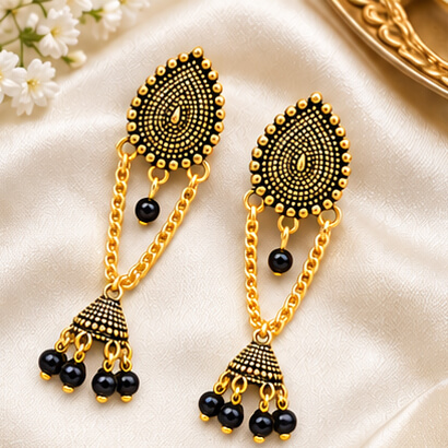 Paisley Chain Jhumka Earrings (Black)