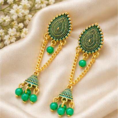 Paisley Chain Jhumka Earrings (Green)