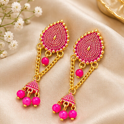 Paisley Chain Jhumka Earrings (Pink)