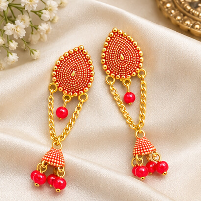 Paisley Chain Jhumka Earrings (Red)