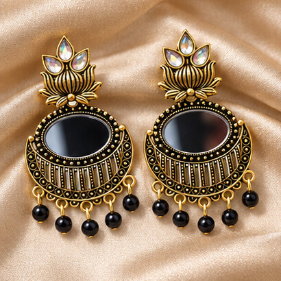 Lotus Mirror Chandbali Earrings with Beaded Drops (Black)
