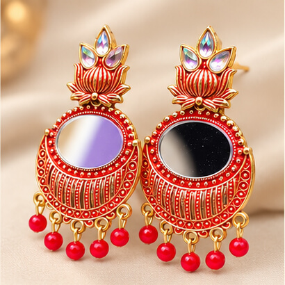 Lotus Mirror Chandbali Earrings with Beaded Drops (Red)