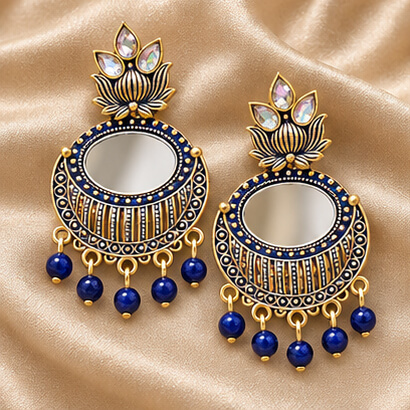 Lotus Mirror Chandbali Earrings with Beaded Drops (Blue)