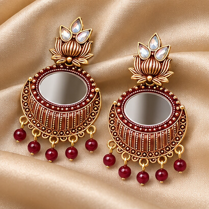Lotus Mirror Chandbali Earrings with Beaded Drops (Brown)