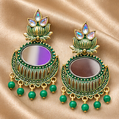 Lotus Mirror Chandbali Earrings with Beaded Drops (Green)