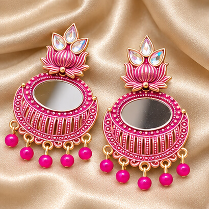 Lotus Mirror Chandbali Earrings with Beaded Drops (Pink)