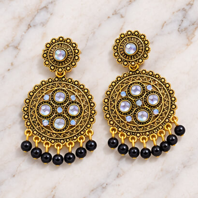 Traditional Kundan Chakra Chandbali Earrings with Beaded Drops (Black)