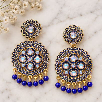 Traditional Kundan Chakra Chandbali Earrings with Beaded Drops (Blue)