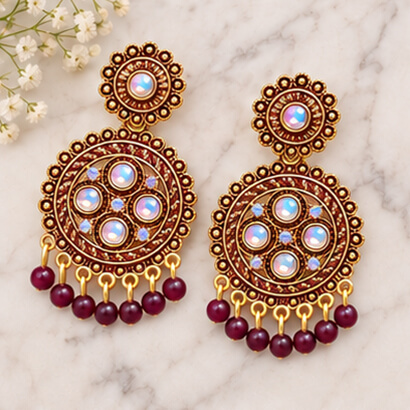 Traditional Kundan Chakra Chandbali Earrings with Beaded Drops (Brown)