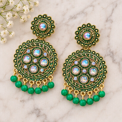 Traditional Kundan Chakra Chandbali Earrings with Beaded Drops (Green)