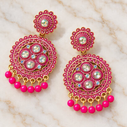 Traditional Kundan Chakra Chandbali Earrings with Beaded Drops (Pink)