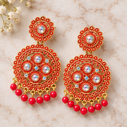 Traditional Kundan Chakra Chandbali Earrings with Beaded Drops (Red)