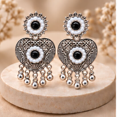 Oxidised Silver Heart Dangler Earrings with Pearl & Ghungroo Drops (Black)