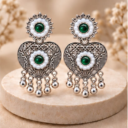 Oxidised Silver Heart Dangler Earrings with Pearl & Ghungroo Drops (Green)