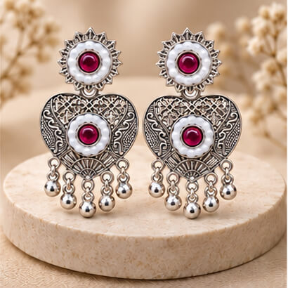Oxidised Silver Heart Dangler Earrings with Pearl & Ghungroo Drops (Magenta)