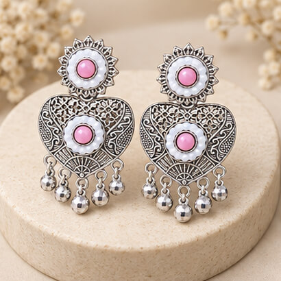Oxidised Silver Heart Dangler Earrings with Pearl & Ghungroo Drops (Pink)
