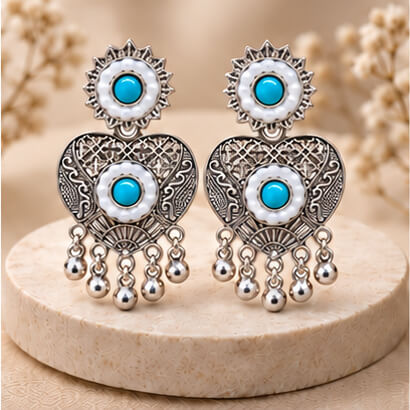 Oxidised Silver Heart Dangler Earrings with Pearl & Ghungroo Drops (Sky Blue)