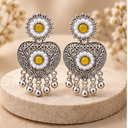 Oxidised Silver Heart Dangler Earrings with Pearl & Ghungroo Drops (Yellow)