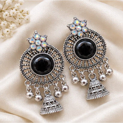 Oxidised Silver Floral Jhumka Earrings with Stone Centre & Ghungroo Drops (Black)