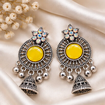 Oxidised Silver Floral Jhumka Earrings with Stone Centre & Ghungroo Drops (Yellow)