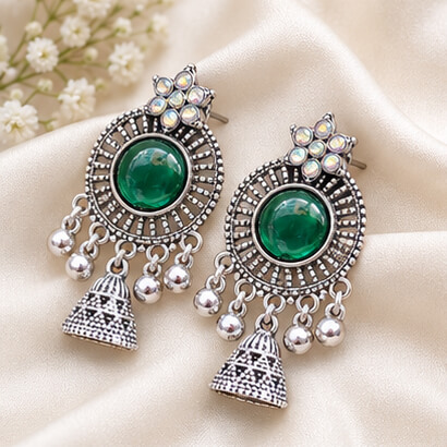 Oxidised Silver Floral Jhumka Earrings with Stone Centre & Ghungroo Drops (Green)