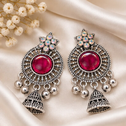 Oxidised Silver Floral Jhumka Earrings with Stone Centre & Ghungroo Drops (Magenta)