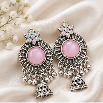 Oxidised Silver Floral Jhumka Earrings with Stone Centre & Ghungroo Drops (Light Pink)