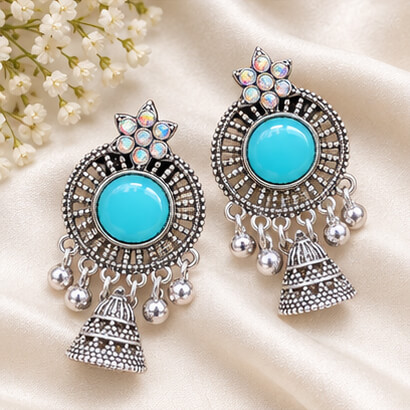 Oxidised Silver Floral Jhumka Earrings with Stone Centre & Ghungroo Drops (Sky Blue)
