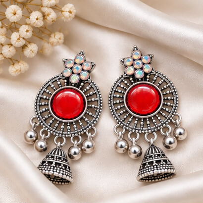 Oxidised Silver Floral Jhumka Earrings with Stone Centre & Ghungroo Drops (Red)