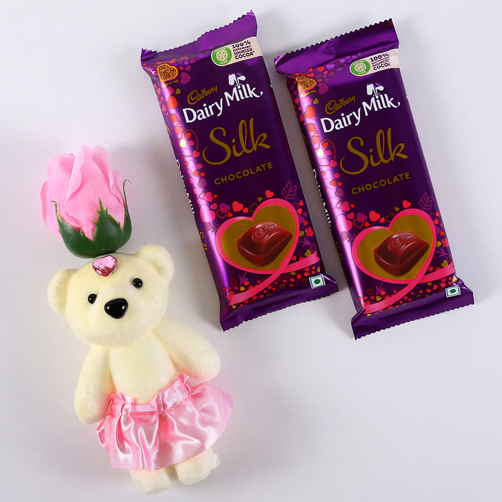 Dairy Milk Silk Pair and Pink Rose Teddy