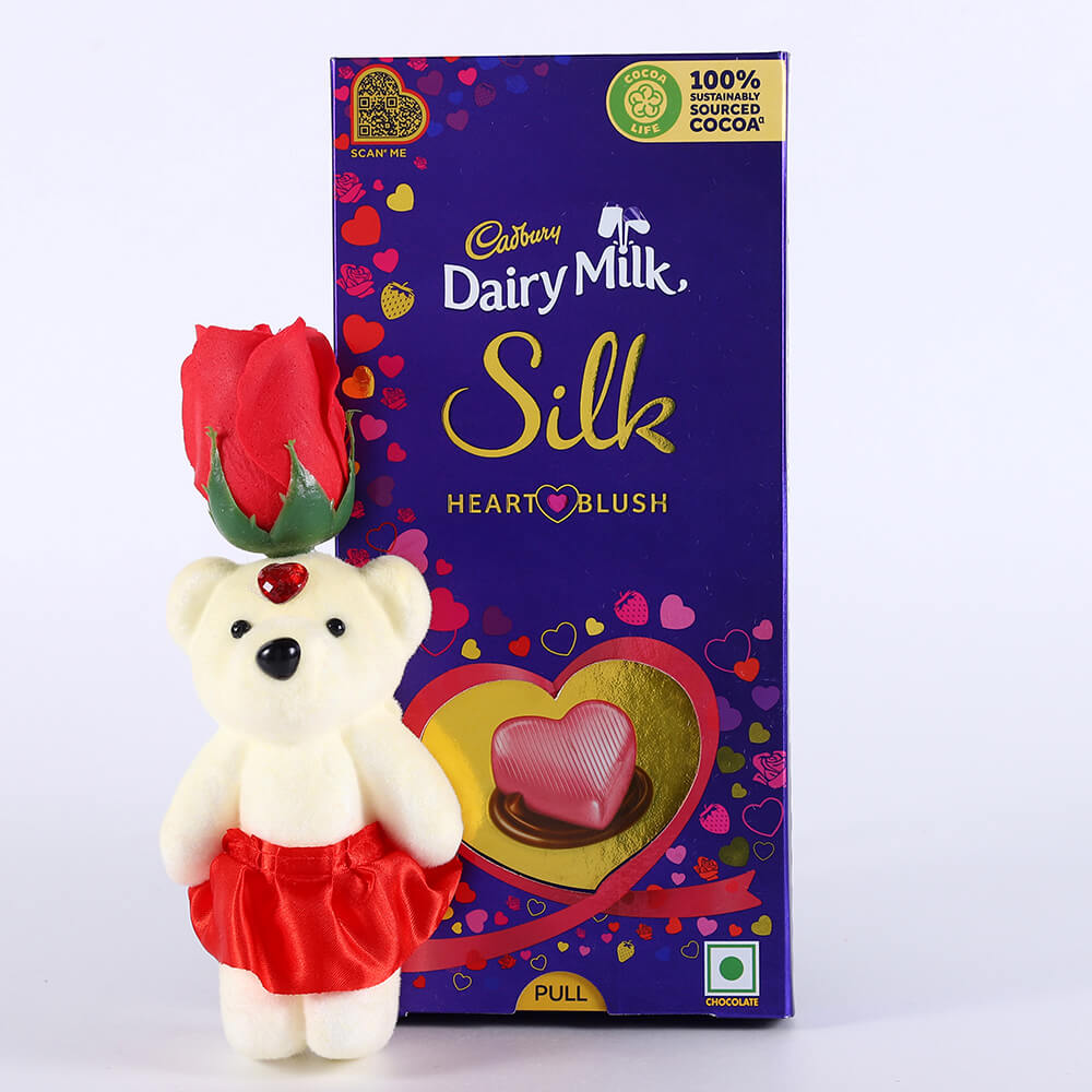 Dairy Milk Silk Heart Blush and Red Rose Teddy