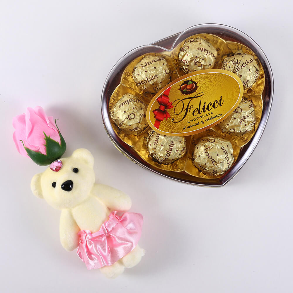 Heart Chocolate Box and Pink Rose Teddy