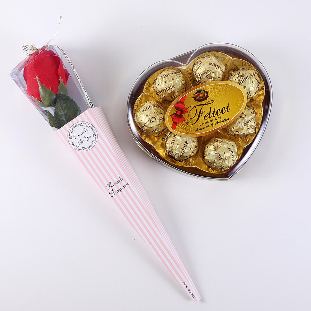 Heart Chocolate Box with Wrapped Rose