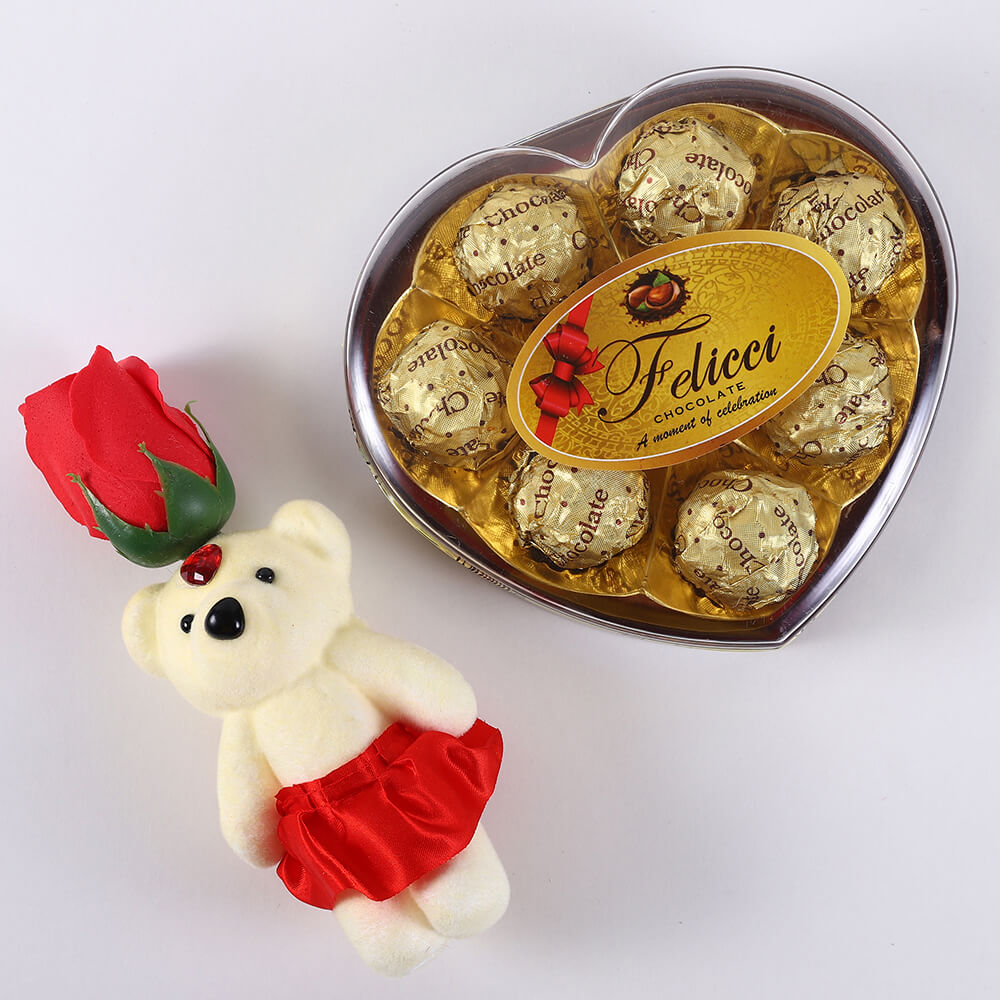 Heart Chocolate Box and Red Rose Teddy