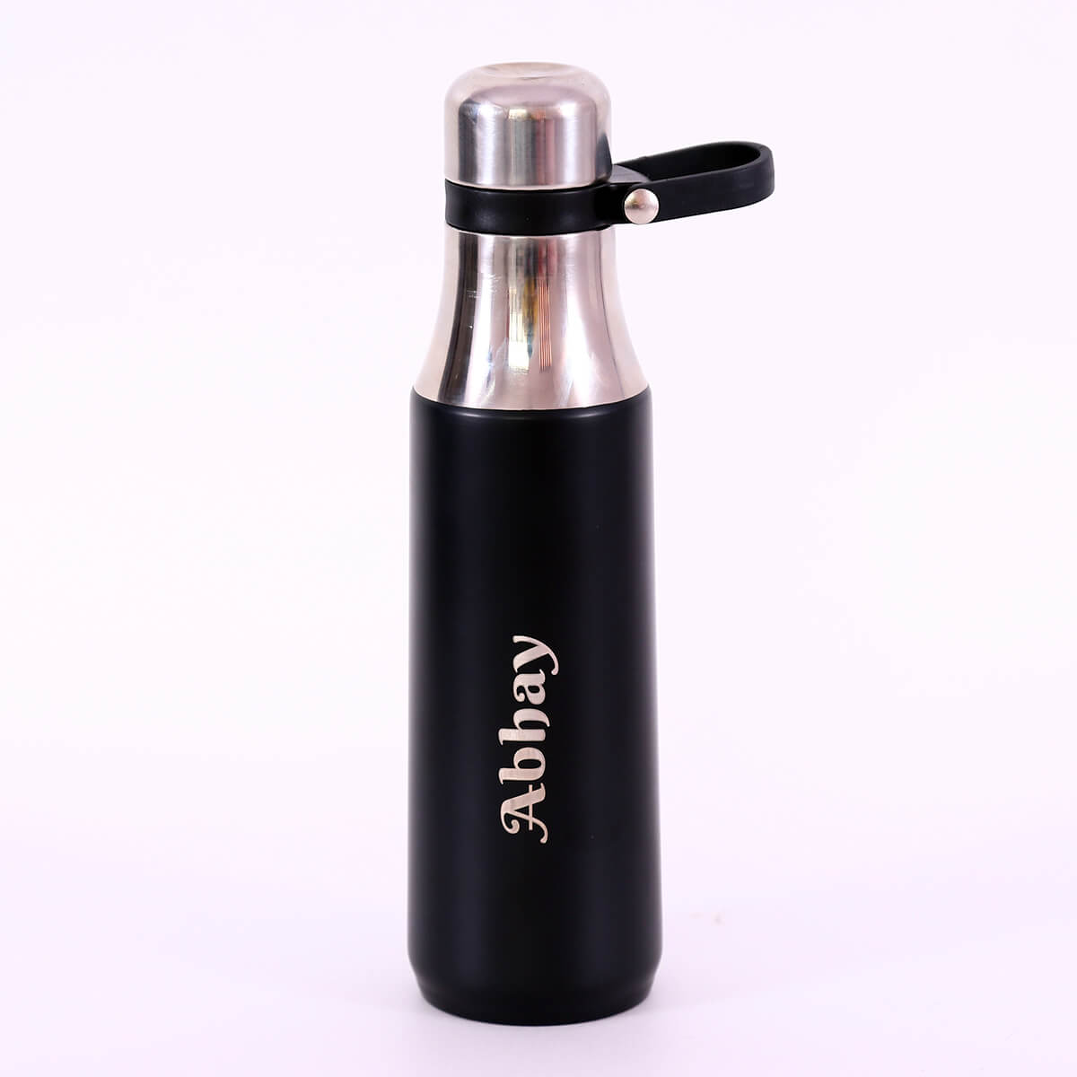 Personalized Black Stainless Steel Water Bottle with Carry Loop