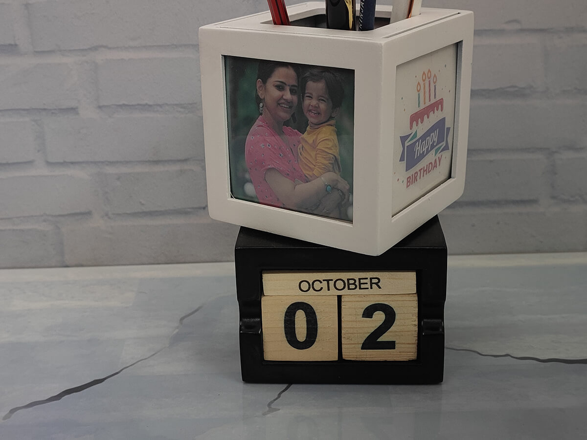 Personalised White Photo Frame Pen Holder with Wooden Block Calendar