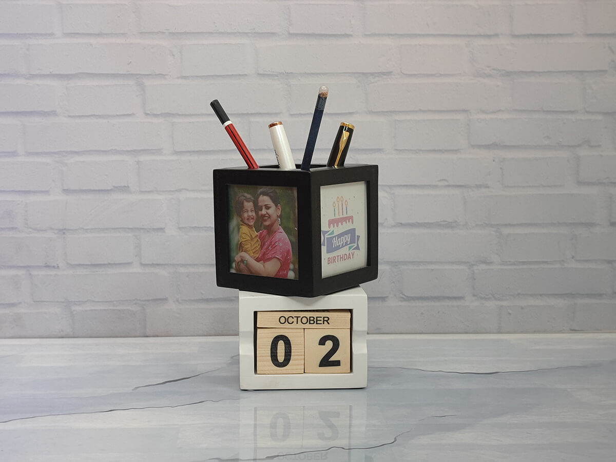 Personalised Black Photo Frame Pen Holder with Wooden Block Calendar