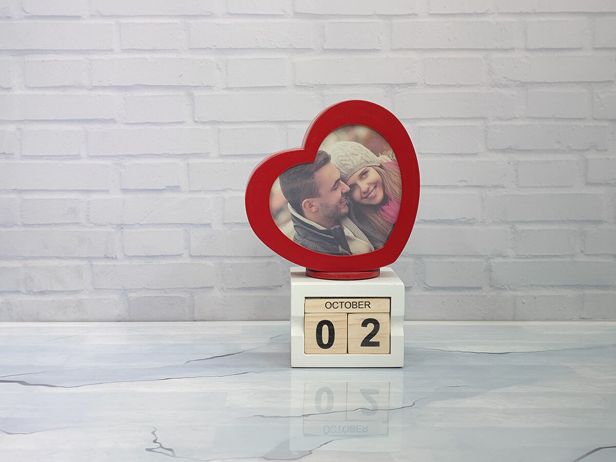 Personalised Red Heart Photo Frame with Wooden Block Calendar