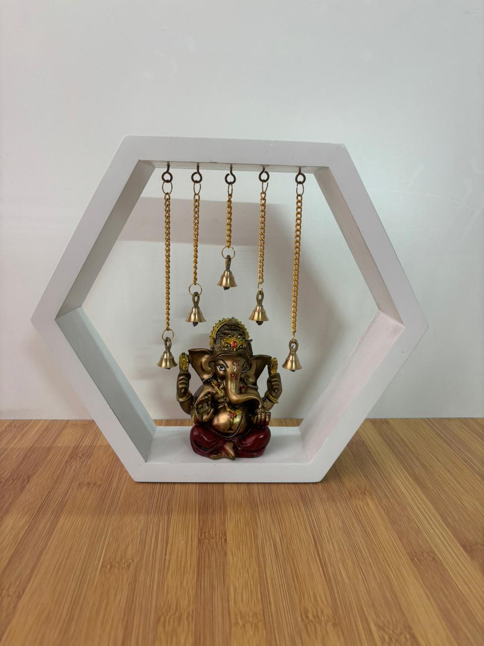 Divine Blessings Ganesha White Hexagonal Frame with Hanging Bells